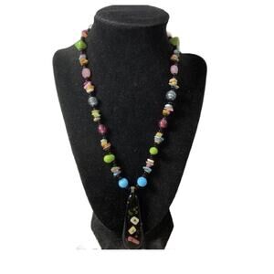 Vintage Venetian Glass Beaded Necklace with Fused Glass Pendant , Sterling Clasp